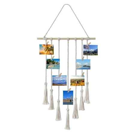 Photo Hanger Display Macrame Wall Hanging Pictures with String Boho Hippie Home Decor for Kitchen Bedroom Living Room Entryway Instax Polaroid Gallery Accessories w/ 25x Wooden Clips