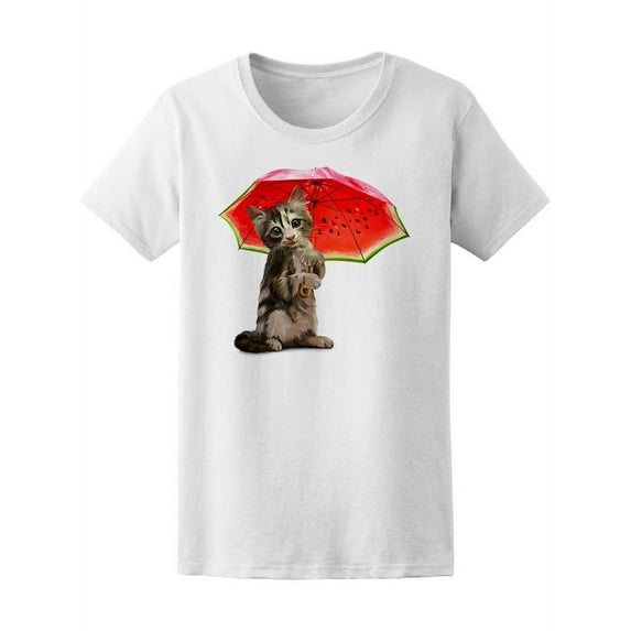 Photo Kitty Holding Umbrella T-Shirt Women -Image by Shutterstock, Female Medium