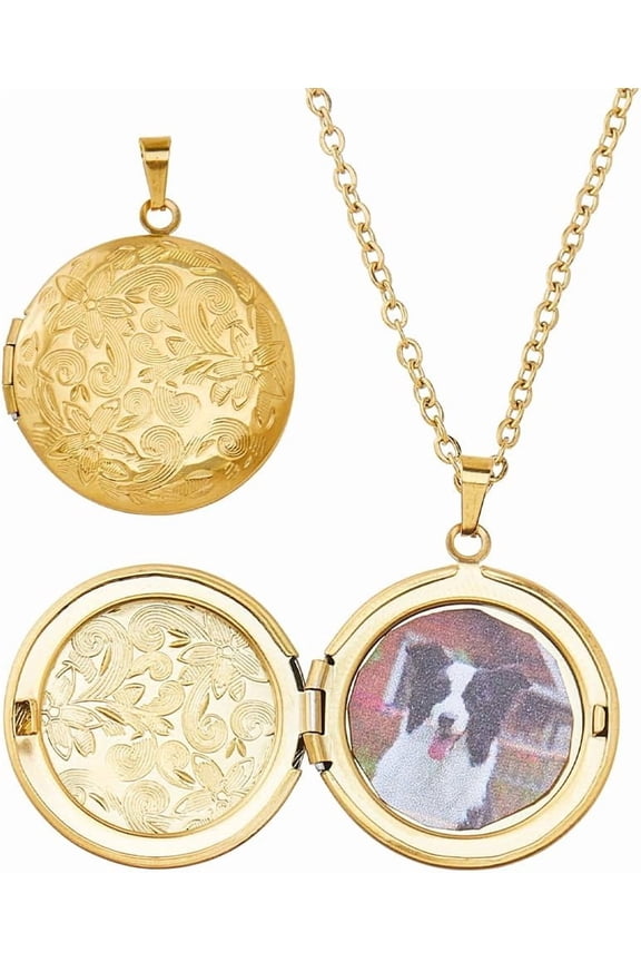 Photo Locket Necklaces Stainless Steel Personalized Necklace Vintage Engraved Flower Picture Necklace for Women Ladies Wife Gold DIY