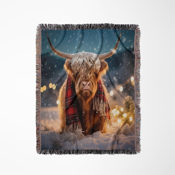 Photo Of A Scottish Highland Cow Wearing A Plaid Scarf In The Snow., Woven Blanket
