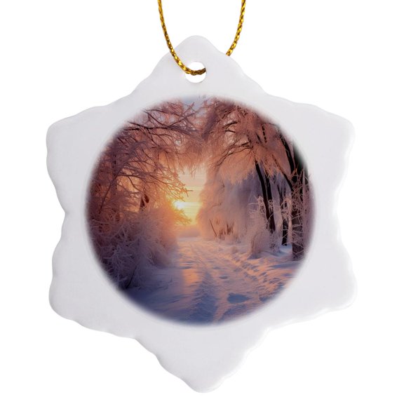 3drose, Photo of a Snowy Path with Ice Covered Trees in a Winter Landscape., 3 inch Snowflake Porcelain Ornament