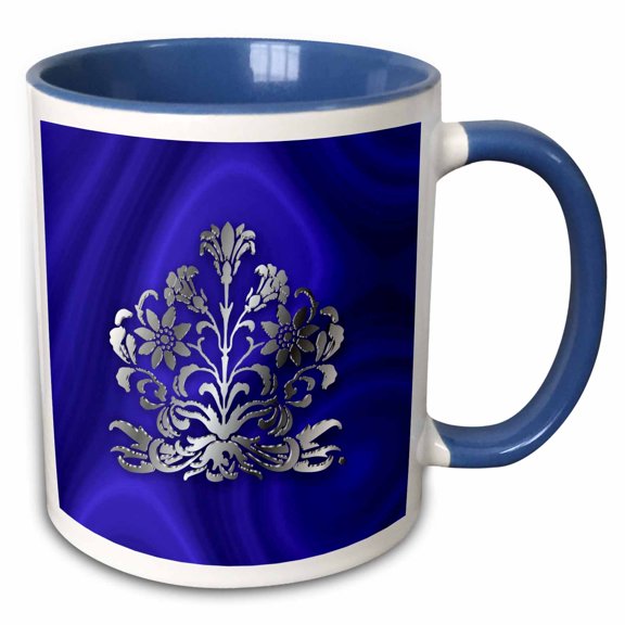 3drose, Photo of Art Nouveau Floral in Faux Silver Effect Over Blue Velvet, 11oz Two-tone Blue Mug