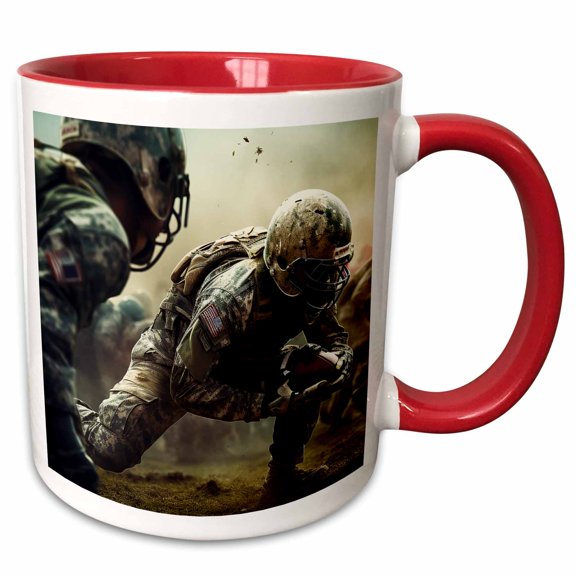 3drose, Photo of Soldiers Playing American Football on a Massive Battle Field., 15oz Two-tone Red Mug