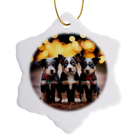 3drose, Photo of Three Blue Heeler Puppies in Front of Bokeh Christmas Lights., 3 inch Snowflake Porcelain Ornament