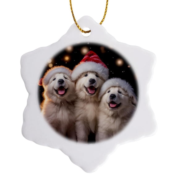 3drose, Photo of Three Happy Great Pyrenees Pups with Santa Hats in the Snow., 3 inch Snowflake Porcelain Ornament