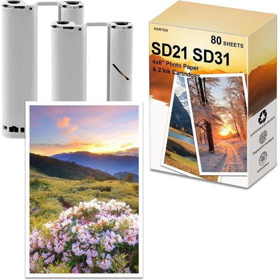 Photo Paper SD21 SD31 Compatible for DHP512 DHP513 Photo Printer Amber M100 M200 4x6'' Photo Printer Ink Cartridge(80 Sheets paper and 2 Cartridges Refill)