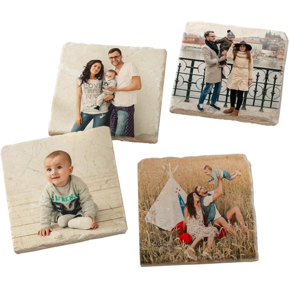 Photo Personalized Tumbled Stone Coaster Set, Marble Wood Coasters for Drinks, Set with Full Cork Backing, Set of 4, 4" x 4" Size, Wedding, Housewarming Ideas