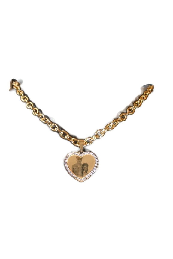 Photo Picture Text Custom Engraved CZ Bling Gold IPG Stainless Steel Heart With Oval Link Chain USMMA
