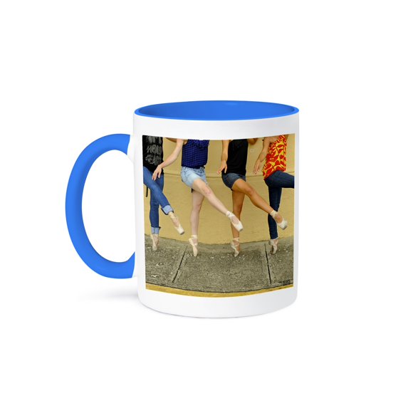 3dRose, Photo Professional ballerinas dressed up with street clothing but wearing ballet shoes, 15oz Two-Tone Blue Mug