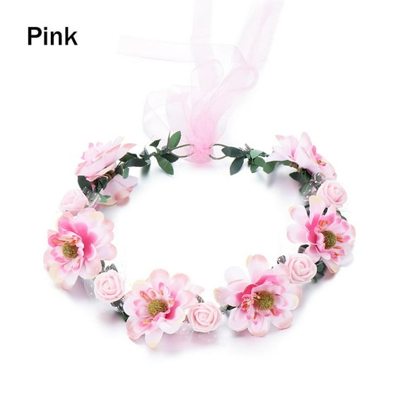 Photo Props with Adjustable Ribbon Flowers Leaves Headbands Bohemia Garland Bridal Halo Headpiece Girls Floral Wreath Rose Flower Crown PINK