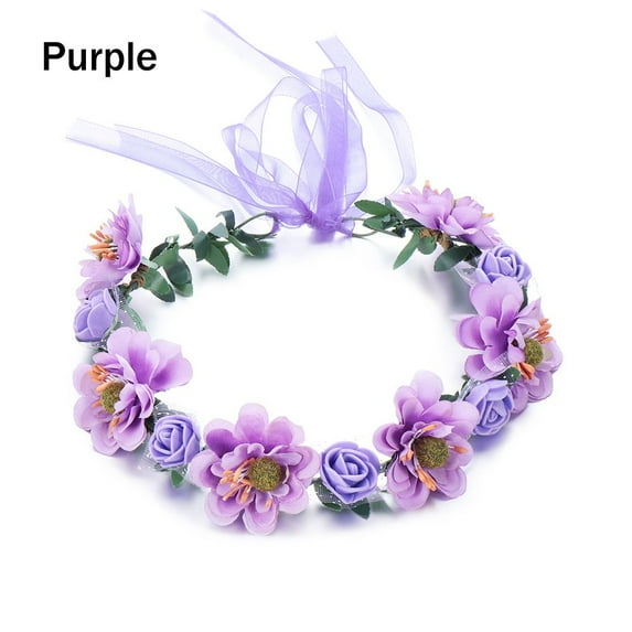 Photo Props with Adjustable Ribbon Flowers Leaves Headbands Bohemia Garland Bridal Halo Headpiece Girls Floral Wreath Rose Flower Crown PURPLE