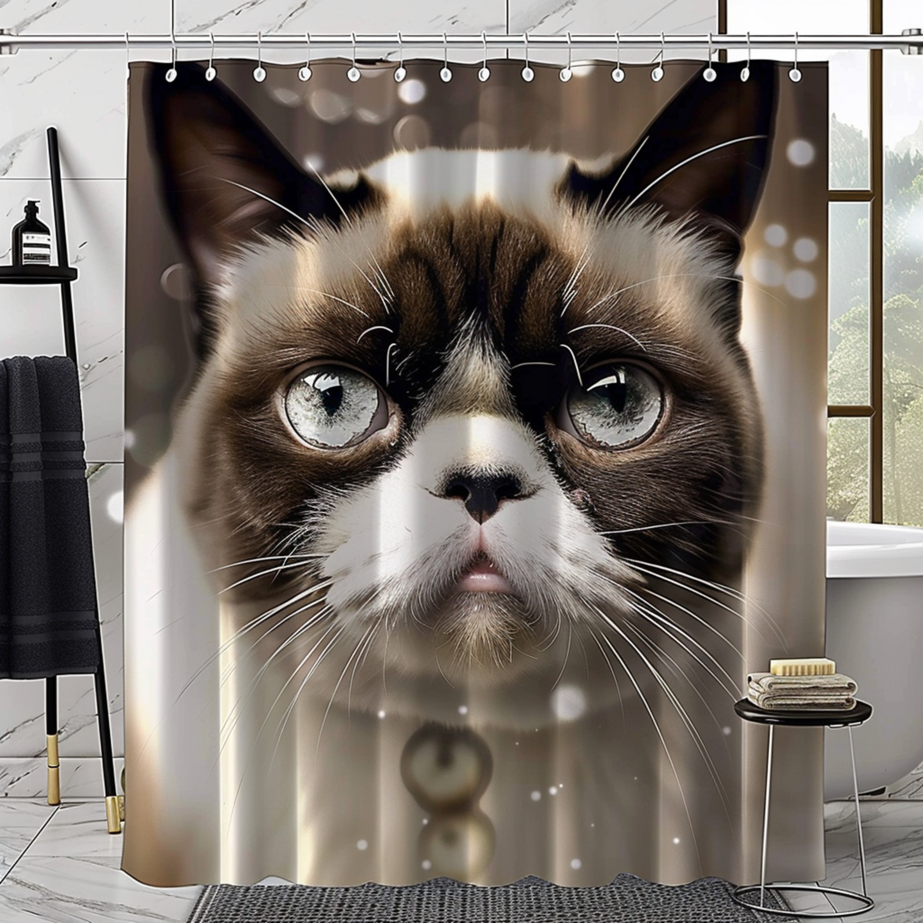 Photo Realistic Grumpy Cat Face Bathroom Shower Curtain Funny and Unique Design for Cat Lovers