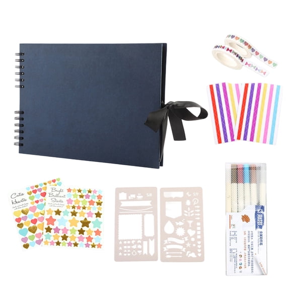 Photo Scrapbook, Blank Scrapbook, Stencils for Crafts, Pens for Black Paper, 11X8 Inch Blue Coil Bound Diy Album Set with Bow Black Ribbon, Black Cardstock Inner Pages, 6 Metallic