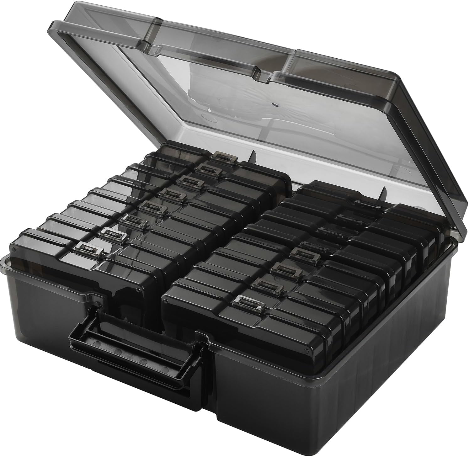 Photo Storage Box with 16 Inner 4" x 6" Photo Case, Portable Storage Organizer with Handle Craft Keeper for Picture, Stickers, Stamps, Screws, Hair Clips, Black