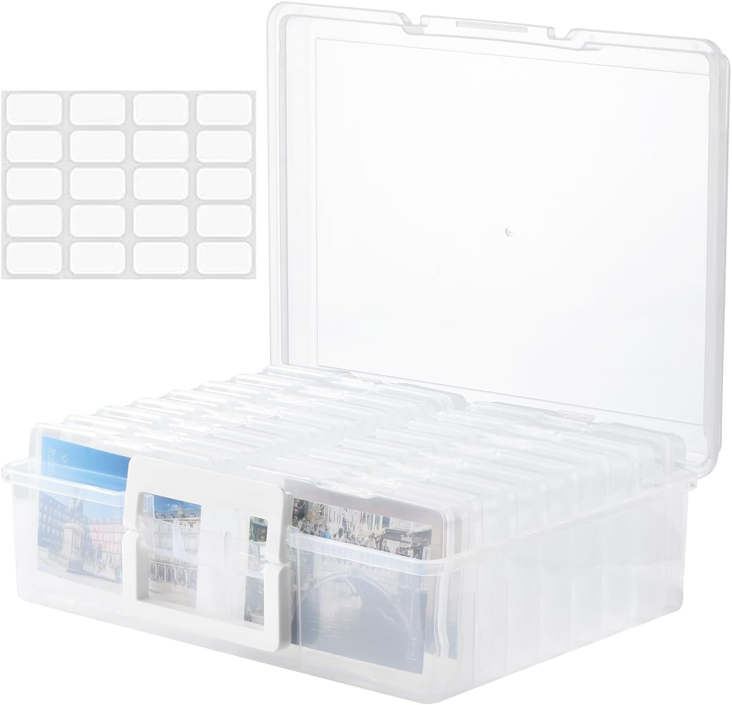 Photo Storage Box with 16 Inner 4" x 6" Photo Case, Portable Storage Organizer with Handle Craft Keeper for Picture, Stickers, Stamps, Screws, Hair Clips, Clear