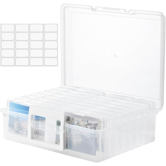 Photo Storage Box with 16 Inner 4" x 6" Photo Case, Portable Storage Organizer with Handle Craft Keeper for Picture, Stickers, Stamps, Screws, Hair Clips, Clear