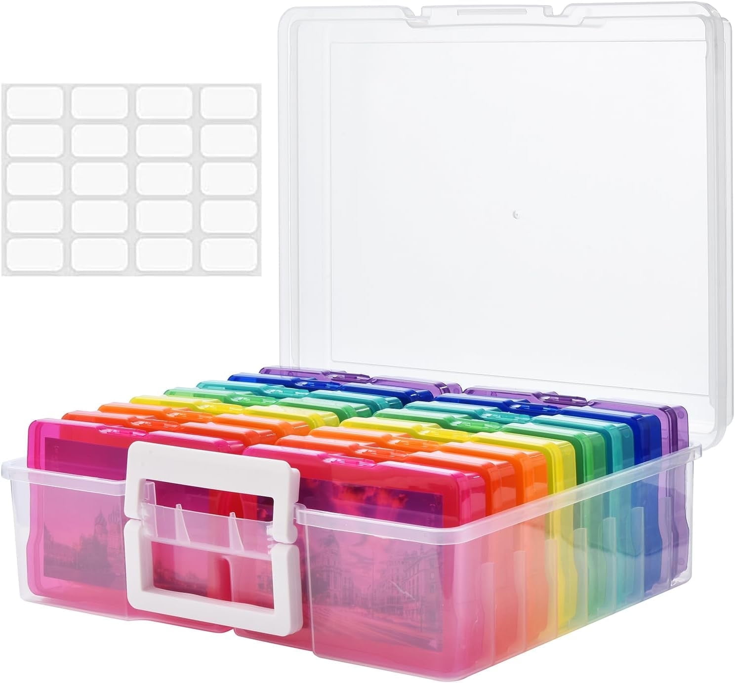 Photo Storage Box with 16 Inner 4" x 6" Photo Case, Portable Storage Organizer with Handle Craft Keeper for Picture, Stickers, Stamps, Screws, Hair Clips, Colored