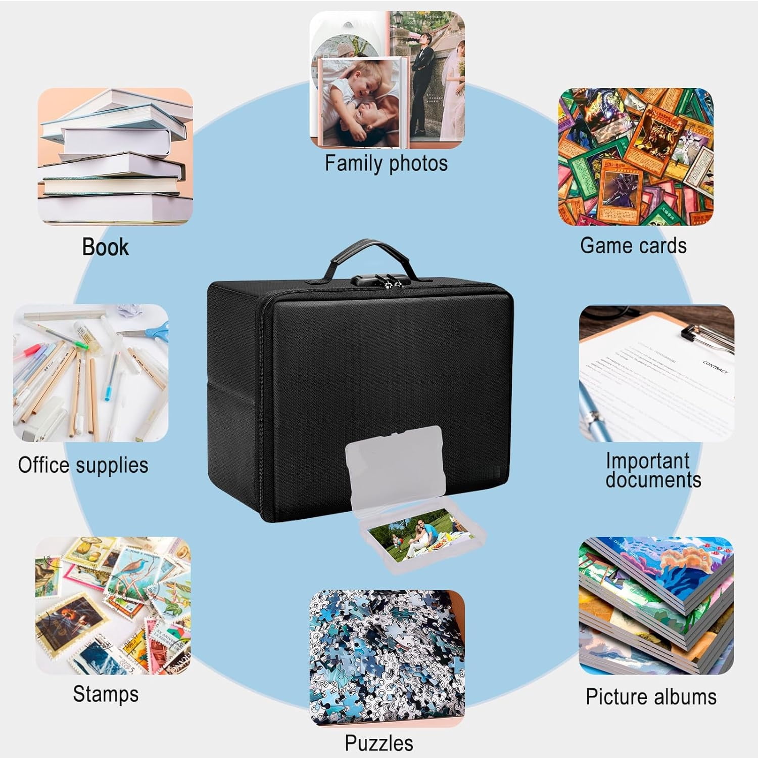 Photo Storage Box with 18 Inner 4" x 6" Photo Case(Clear), Fireproof Photo Organizer with Lock, Collapsible Portable Acid-Free Photo Keeper Craft Storage with Handles for Home, Office, travel