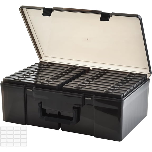 Photo Storage Box 5" x 7" with Handle, 18 pcs Photo Container Organizer and Craft Keeper, Portable Picture Case with Label for Arts, Crafts, Sewing, Stickers, Office, Seeds - Black