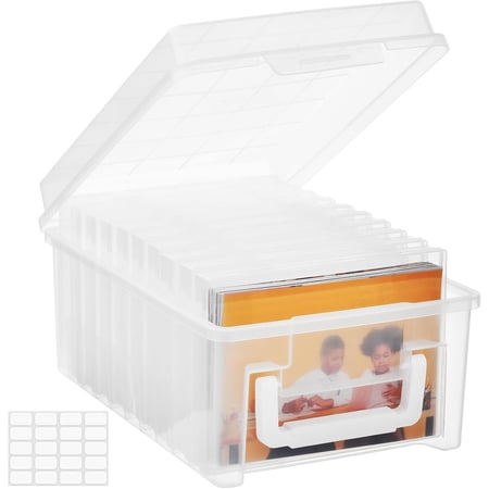 Photo Storage Box 5 x 7 In Photo Case, 10 Inner Large Photo Keeper, Clear Photo Storage Container, Seed Craft Cards Pictures Organizer, Plastic Office Organizer with 1 Label Sticker