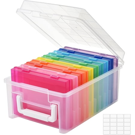 Photo Storage Box 5 x 7 In Photo Case, 10 Inner Large Photo Keeper, Photo Storage Container, Seed Craft Cards Pictures Organizer, Plastic Office Organizer with Sticker - Colored