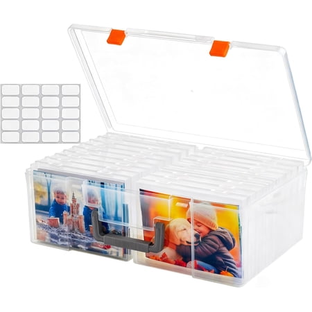 Photo Storage Box 5x7, 18 Inner Extra Large Organizer Acid-Free Photo Keeper Storage Case, Plastic Craft Storage Box for Stickers Stamps Seeds (Clear, 18 Boxes)