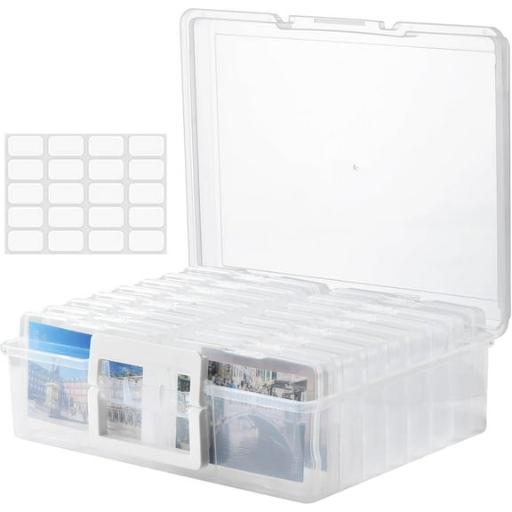 Photo Storage Box with Handle, 4" x 6" Photo Organizer Storage Container with 16 Inner Case and 1 Sheet Blank Labels for Pictures, Arts, Crafts, Sewing, Seeds, Office Supplies - Clear