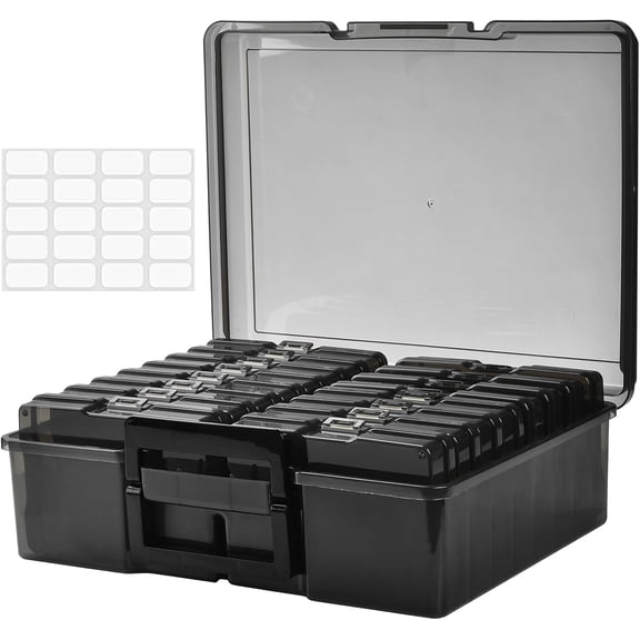 Photo Storage Box with Handle, 4" x 6" Photo Organizer Storage Container with 16 Inner Case and 1 Sheet Label for Pictures, Arts, Crafts, Sewing, Stickers, Seeds, Office Supplies - Black
