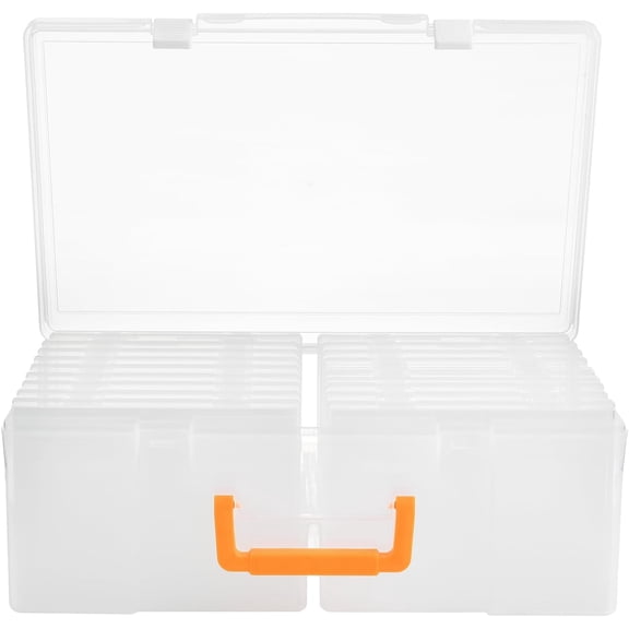 Photo Storage Box with Handle, Inner Photo Container Organizer and Craft Keeper, Portable Picture Case with Label for Arts, Crafts, Sewing, Stickers, Office - Clear