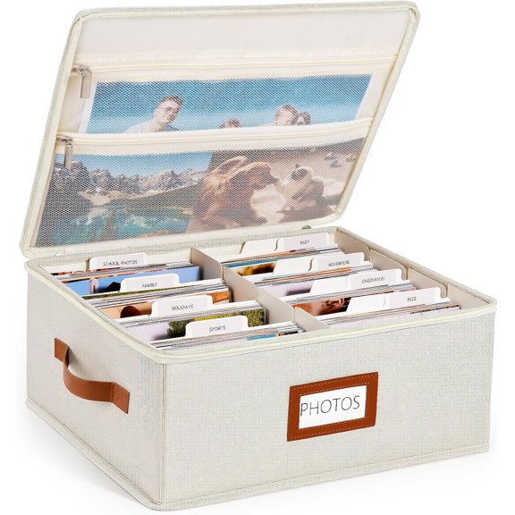 Photo Storage Box with Lid & Dividers, Linen Photo Organizer for up to 2000 4x6 Pictures, Keepsake Memory Box with Side Handle for Family, Wedding & Baby Photos, Cards, Scrapbook