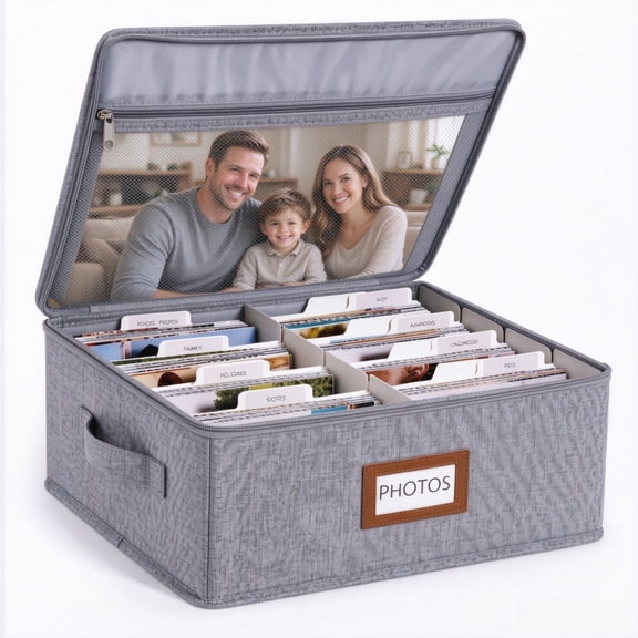Photo Storage Box, Photo Organizer for 2000 4x6 Pictures, Linen Keepsake Box with Zipper Lid, Grey