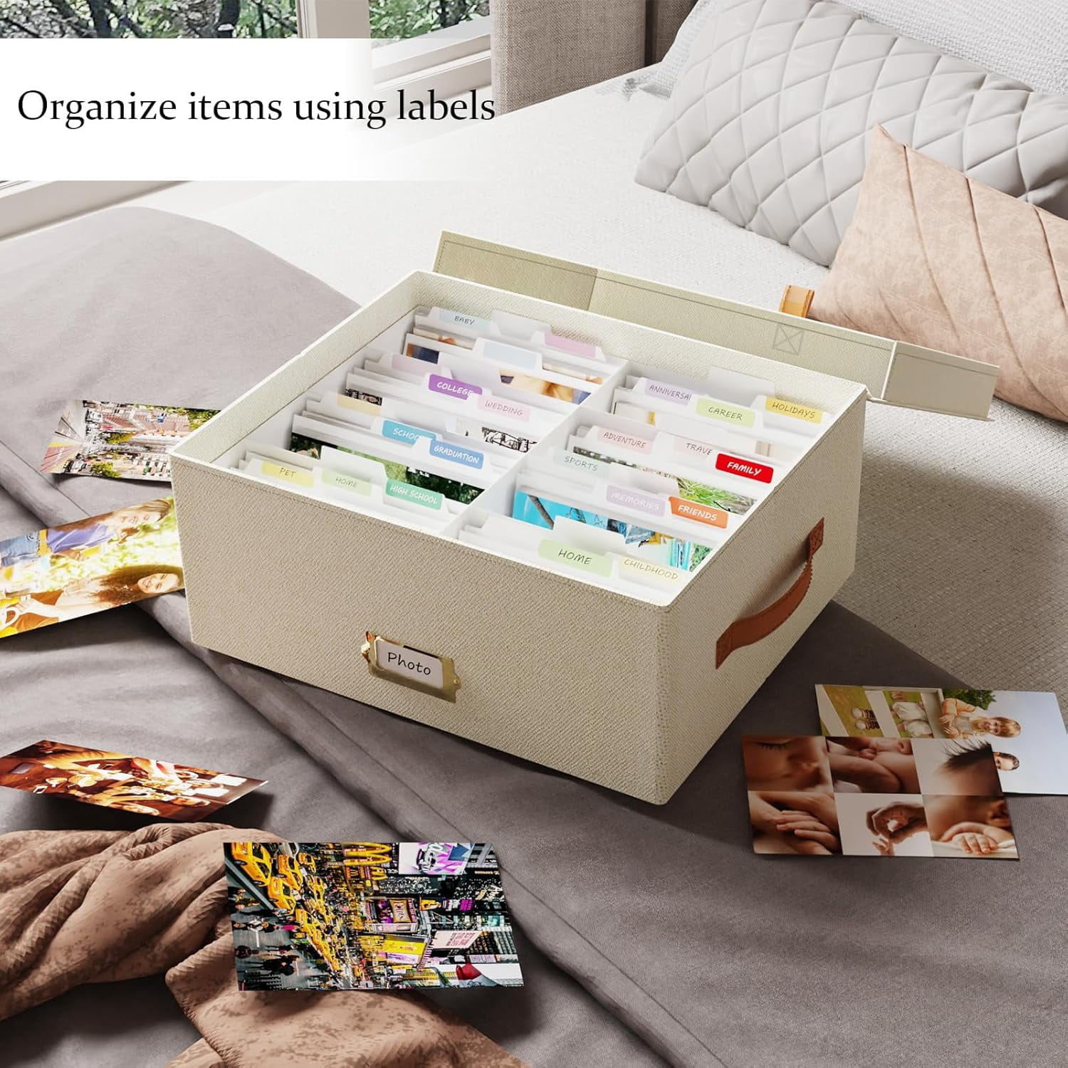 Photo Storage Box with 8 Compartments for 1800 Photos, Beige Linen Memory Organizer with Lids