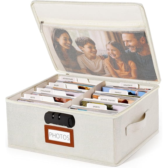 Photo Storage Box with Combination Lock, Organizer Case for 4x6 Pictures, Keepsake Memory Box with Dividers & Handle, Beige