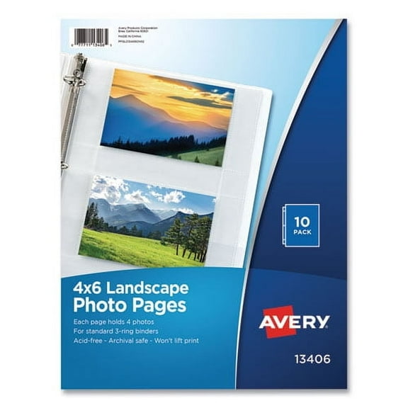 "Photo Storage Pages For Four 4 X 6 Horizontal Photos, 3-Hole Punched, 10/pack | Bundle of 10 Packs"