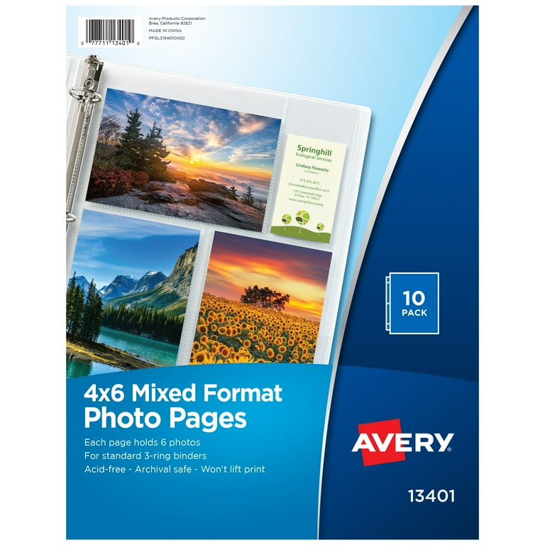 Photo Storage Pages for Six 4 x 6 Mixed Format Photos, 3-Hole Punched, 10/Pack Photo Storage Pages for Six 4 x 6 Mixed Format Photos, 3-Hole Punched, 10/Pack