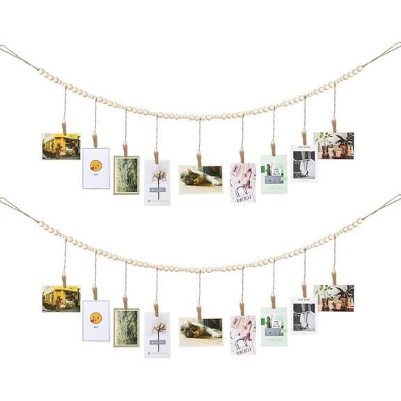 Photo Storage Wall Decoration with Wooden Clips,2 Pcs Wall Hanging Photo Display with Wooden Beads Garland,Boho Collage Photo Holders,DIY Picture Frame Set,for Dorm Home Party Decor 4.7Ft