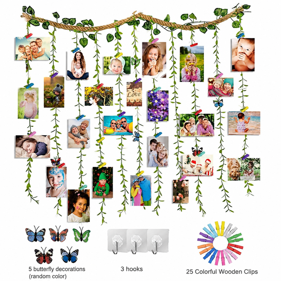 Photo Wall Display, Hanging Photo Display, Picture Frames Collage Wall Decor, Jute Photo String with Clips, 39.3 x 35.4 Inch, Family Tree Room Decor