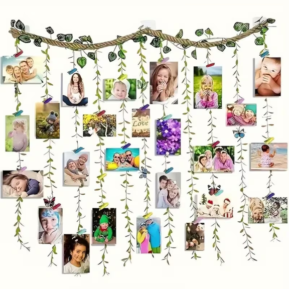 Photo Wall Display, Hanging Photo Display, Picture Frames Collage Wall Decor, Jute Photo String with Clips, 39.3 x 35.4 Inch, Family Tree Room Decor