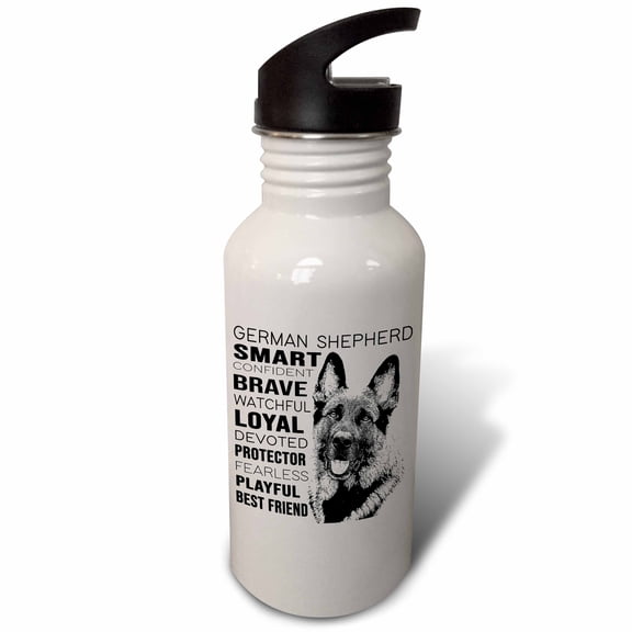 3dRose, Photo of a stamped German Shepherd with description., Flip Straw 21oz Water Bottle