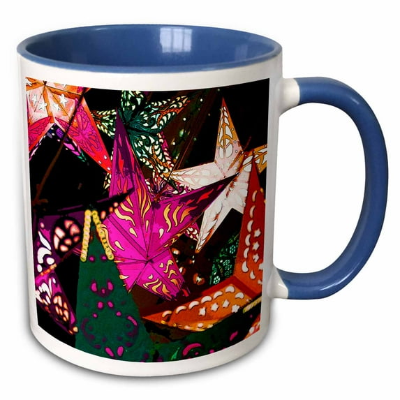 Photo of colorful star lanterns hanging outside a shop in New Hope, PA 15oz Two-Tone Blue Mug mug-302458-11