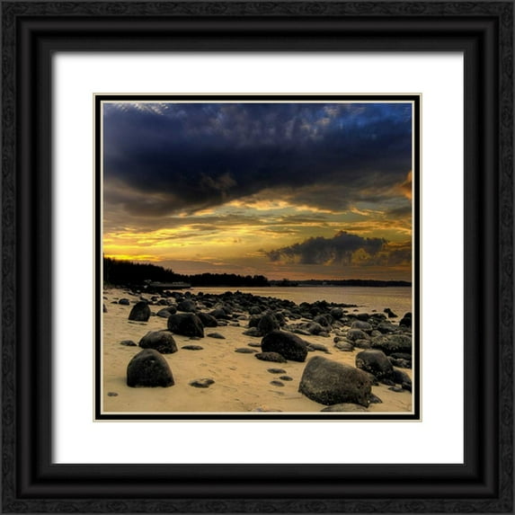 PhotoINC Studio 15x15 Black Ornate Wood Framed with Double Matting Museum Art Print Titled - Rocks on Beach