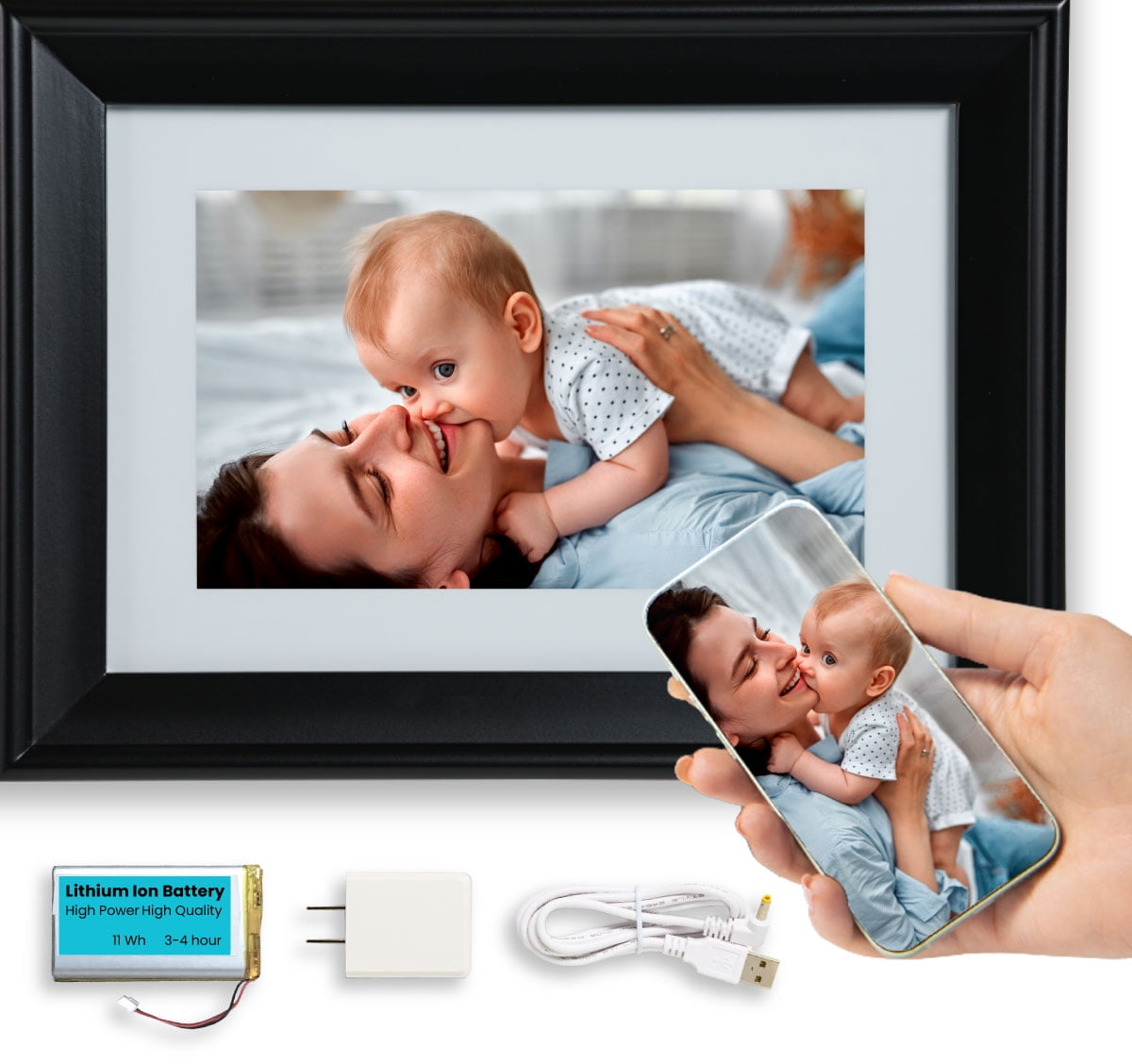 PhotoSpring 10in WiFi Digital Photo Frame w/Battery Load Family