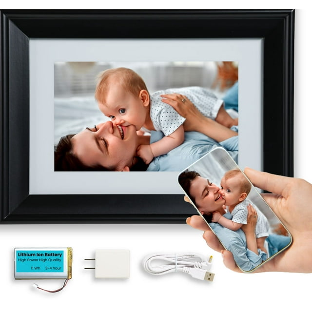 PhotoSpring 10in WiFi Digital Photo Frame w/Battery Load Family Pictures by Email, App, 
