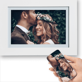PhotoSpring 10in WiFi Digital Picture Frame | Load Family Photos by Email, App, Web, USB/SD | A Great Gift | Easy Touchscreen Setup | Plays Videos | White