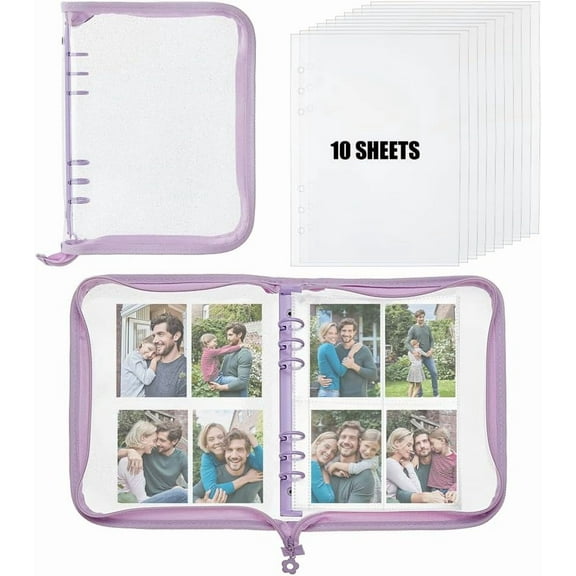 Photocard Binder Refillable Paper Binder with Glitter Ring Binder with Zipper Waterproof Loose Leaf Binder with 10 Sheets 4-Pocket Refill Pages 1bag