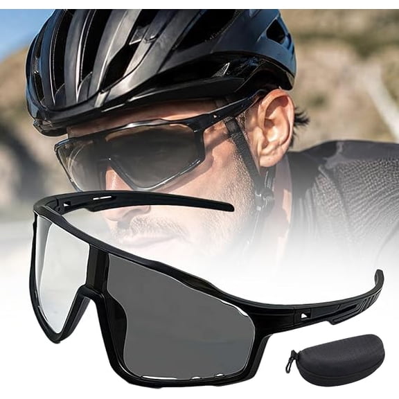 Photochromic Cycling Sunglasses UV400 Protection, Light-Adaptive Sports Glasses with Impact-Resistant PC Frame for Running, Driving, MTB(black)Q