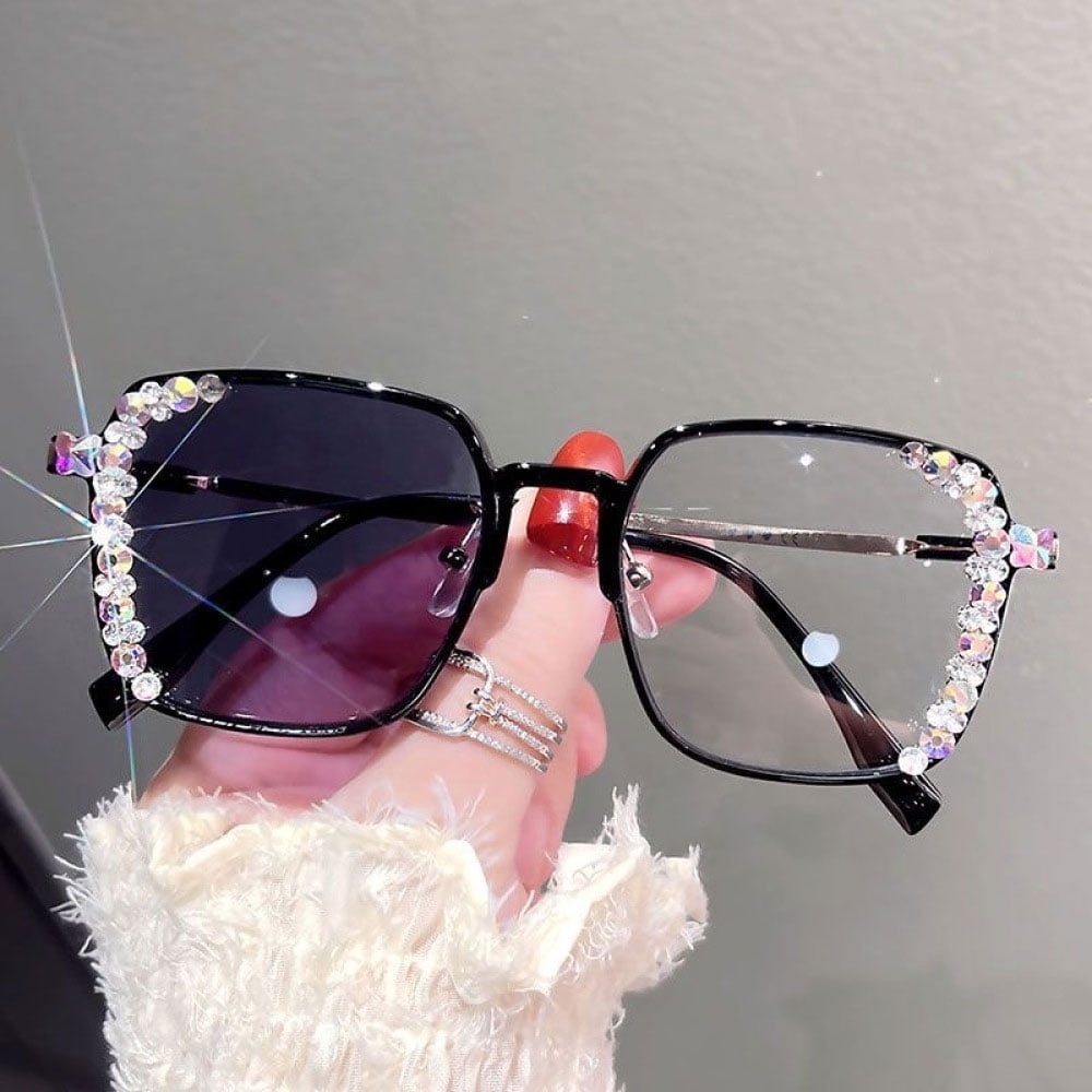 Photochromic Gray Blue Light Blocking Presbyopic Glasses, Oversized Bling Party Reading Glasses 2.50 for Women, Black Square Readers +2.50
