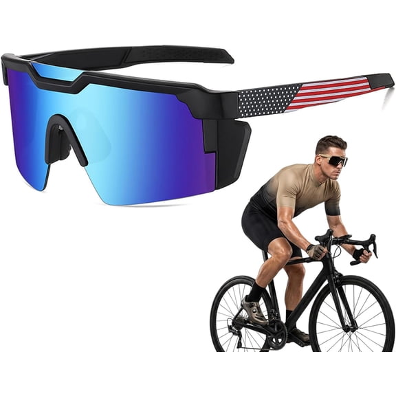 UV400 Photochromic Polarized Safety Glasses,Impact Resistant PC Lens Transition Sunglasses for Sports Work (National Flag Blue)