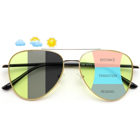 Photochromic Progressive Multifocal Reading Glasses Blue Light Blocking & Night Vision Metal Aviator Frame B0396