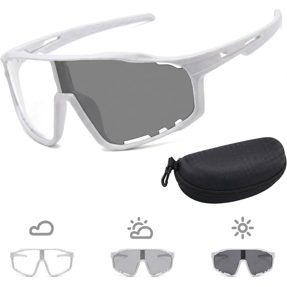 Photochromic UV Protection Sports Sunglasses, Full Rim Square Cycling Eyewear with Storage Hard Case Set
